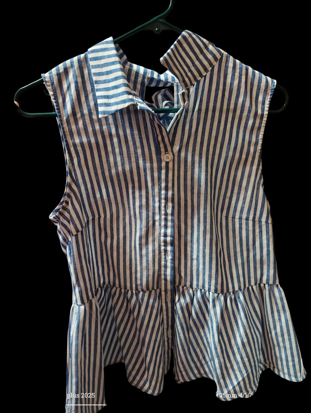 SHEIN Blue and White Striped Sleeveless Peplum Button-Up Tank